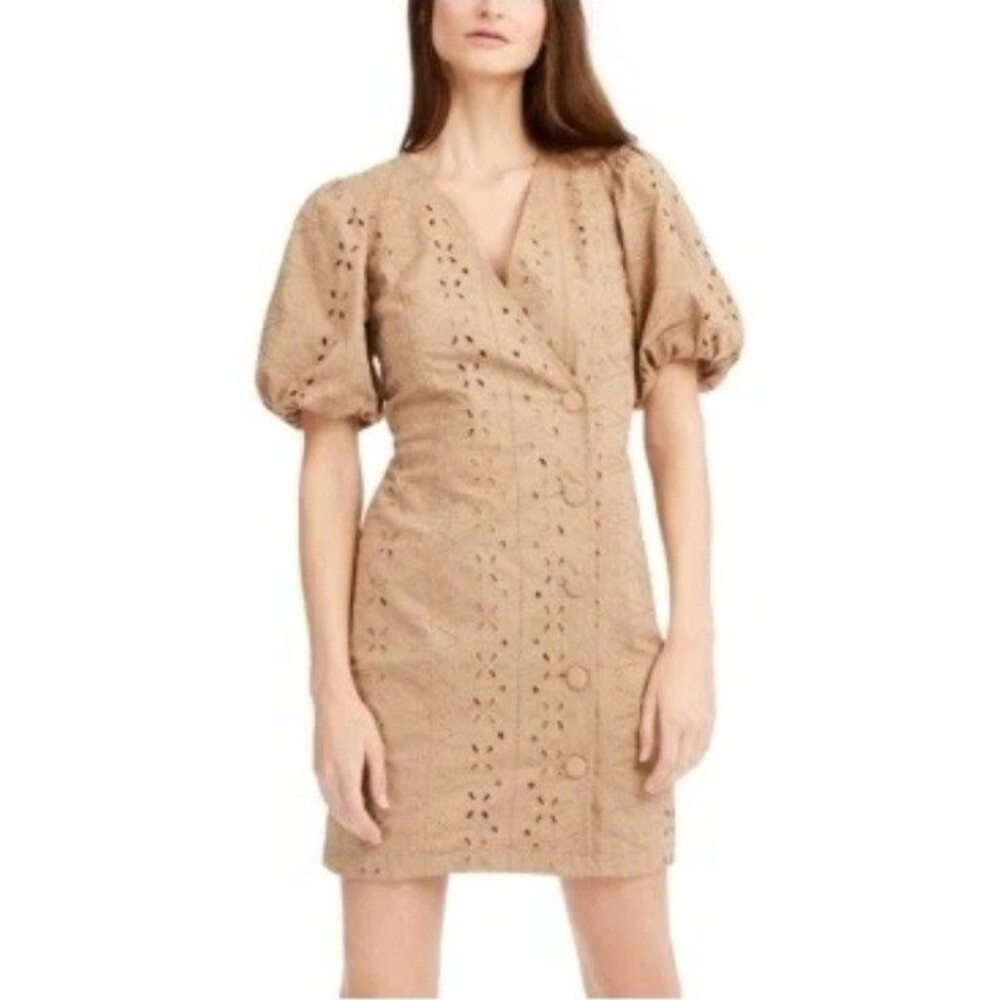 INC International Concepts Khaki Linen Eyelet Puff Balloon Sleeve Dress Tan 10